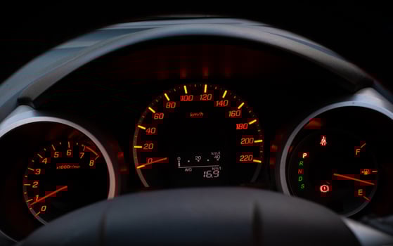 Close up of car speedometer with the needle pointing at  0 kmp photo