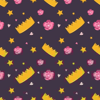 Cute seamless pattern with crown, flowers and stars vector
