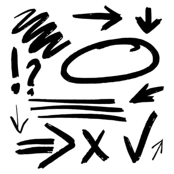 Set of hand drawn grunge black marker doodles signs - arrows, lines vector