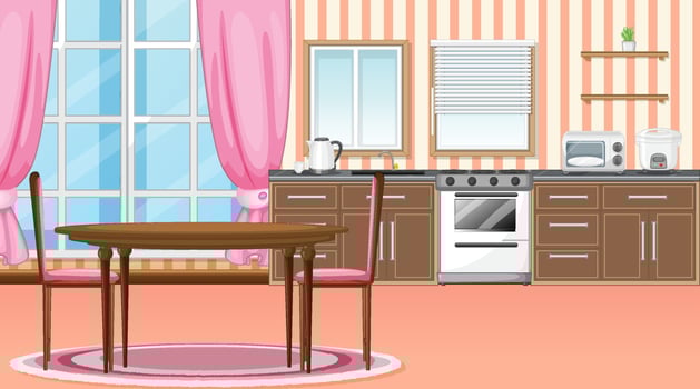 Kitchen and dining room interior design with furniture vector