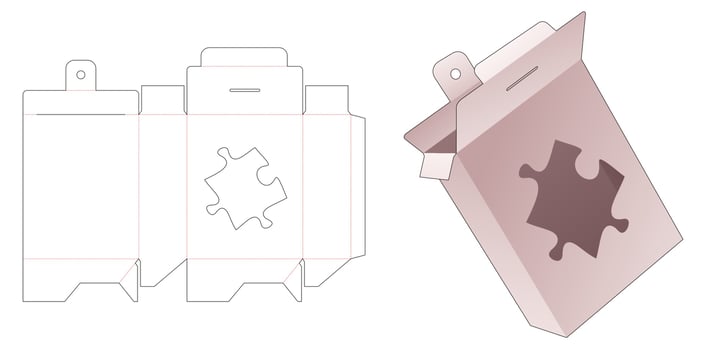 Cardboard hanging packaging with jigsaw shaped window die cut template vector