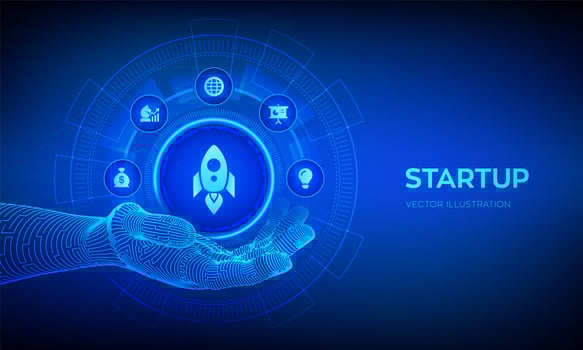 Startup icon in robotic hand. Business start up. vector