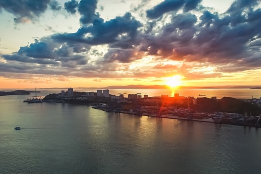 Vladivostok, Russia. Aerial view of the cityscape at sunset. photo
