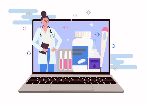 Female doctor on laptop screen. Online vector