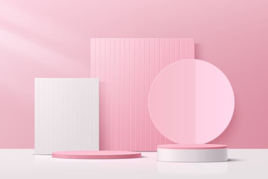 Abstract 3D white, pink cylinder pedestal podium with pink geometric vector