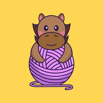 Cute horse playing with wool yarn. vector