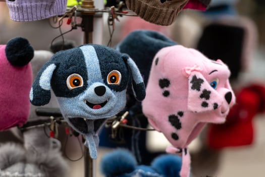 Colored knitted childrens hats with different animal faces. photo