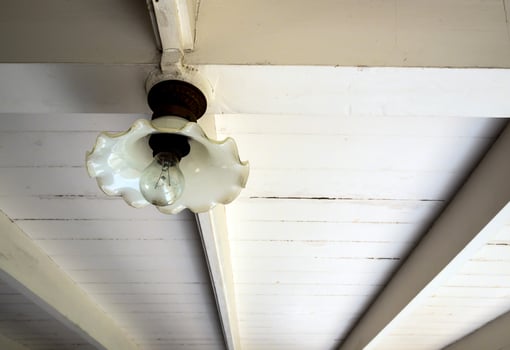 The ancient glass lamp hang on the wooden beam photo