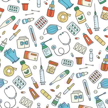 Meds, drugs, pills, bottles seamless pattern vector