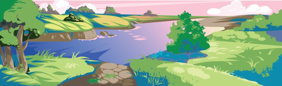 Panoramic realistic landscape, fast winding river - Vector