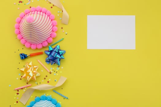 Happy birthday background, Flat lay colorful party decoration photo