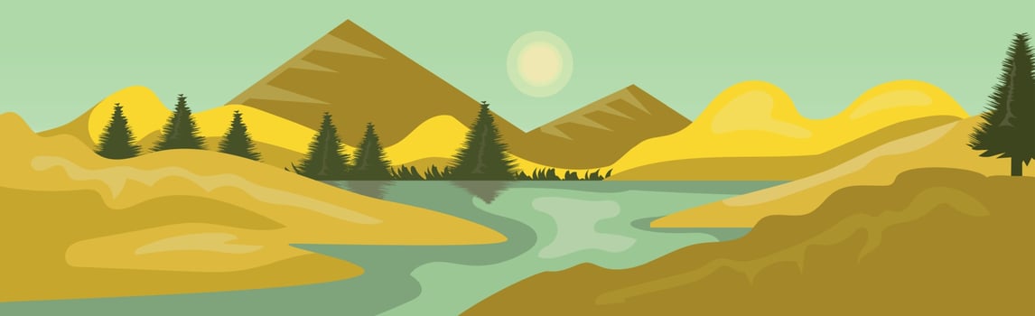 Panoramic mountain bright sunny landscape with dense forest - Vector