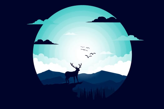 T-shirt nature deer mountain light night flat ilustration vector