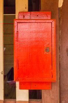 red wooden postbox on the wall photo