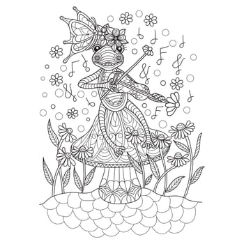 Frog playing violin in the garden hand drawn for adult coloring book vector