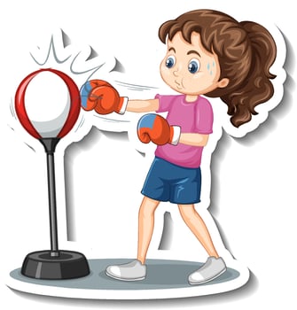 Cartoon character sticker with a girl punching vector