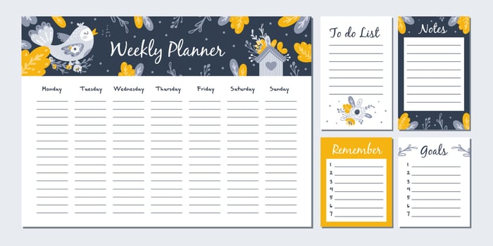 Weekly planner with cute birds. Vector