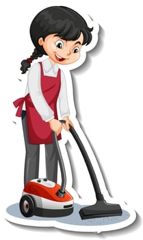 Cartoon character sticker with a house maid using vacuum cleaner vector