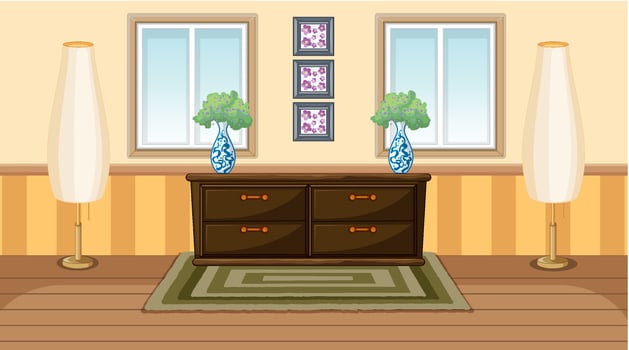 Vintage room interior design with woden cabunet and floor lamps vector