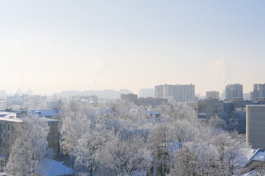 winter fog over frozen morning beautiful cityscape panorama photo