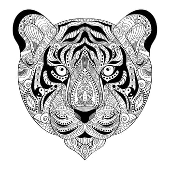 Hand drawn tiger for adult antistress coloring page vector