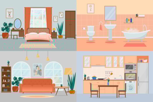 Set cozy interior design house rooms with furniture. Bedroom, kitchen vector