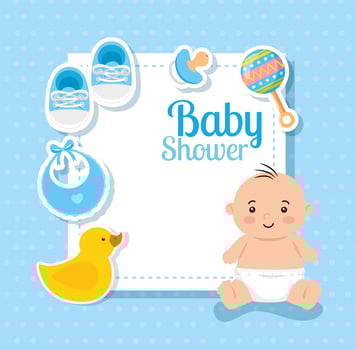 baby shower card with cute little boy and decoration vector