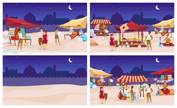 Night bazaar flat color vector illustrations set