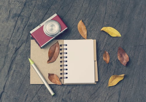 Retro camera, open blank book with dry leaf on wood background photo