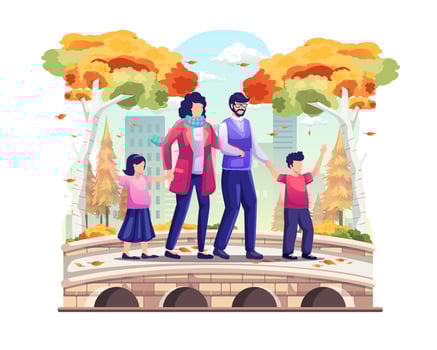 Family taking a walk on the park bridge in autumn. vector illustration