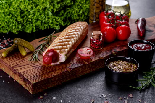 Delicious fresh hot hotdogs with various kinds of buns and sausages. photo