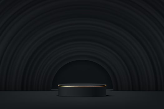 Abstract 3D black cylinder pedestal podium with black fabric wave. vector