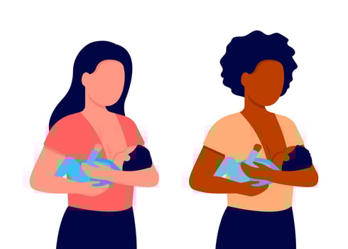 Breastfeeding, mother feeding newborn baby with breast vector