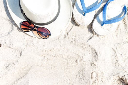 Close up straw hat, flip-flops and sunglasses photo