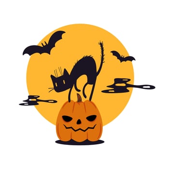 Halloween concept with black cat, spooky pumpkin, moon and bats. vector