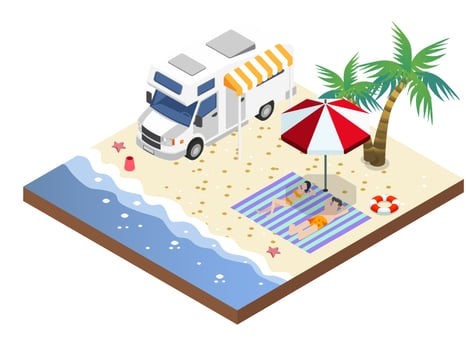 Couple relaxing on the beach near the van vector