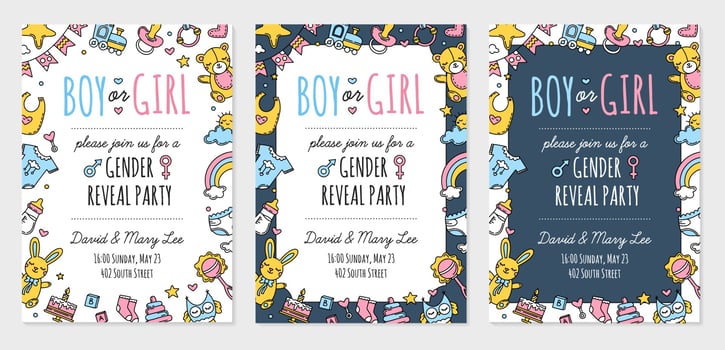 Gender reveal party invitation template, boy girl vector