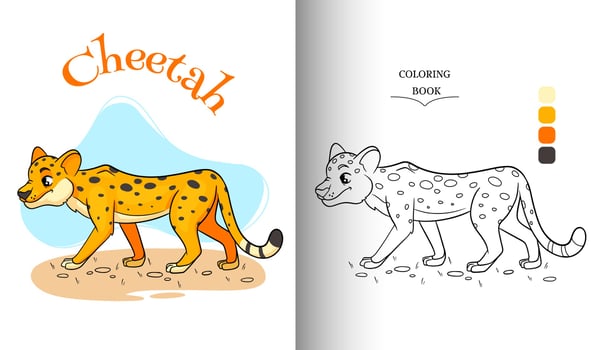 Animal character funny cheetah in cartoon style coloring page. vector