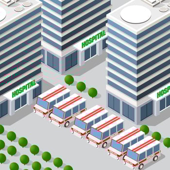 Isometric 3D illustration of the city quarter with the hospital vector