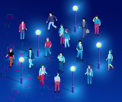 City downtown center night neon ultraviolet walking people vector