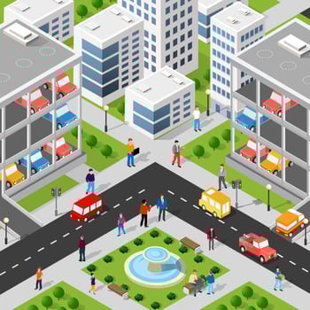 Isometric 3D illustration of the city quarter with houses vector