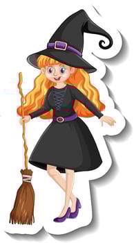 Beautiful witch holding broomstick cartoon character sticker vector