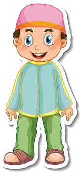 A sticker template with Muslim boy in standing pose cartoon character vector