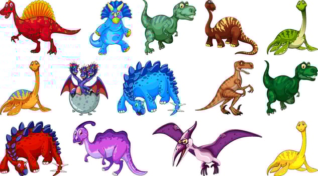 Different dinosaurs cartoon character and fantasy dragons isolated vector