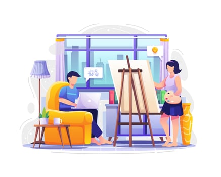 people working on a laptop and a painting. vector illustration
