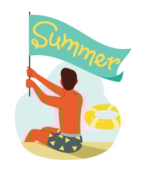 Man Sit on the Pool Side and Hold the Flag with Summer Word. vector