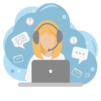 A girl in headphones at laptop, customer support vector