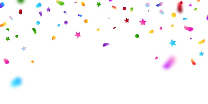 Celebration background template with confetti and colorful ribbons. vector