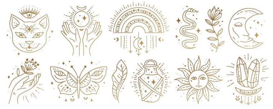 Set of magic boho symbols. Golden minimal line art. vector
