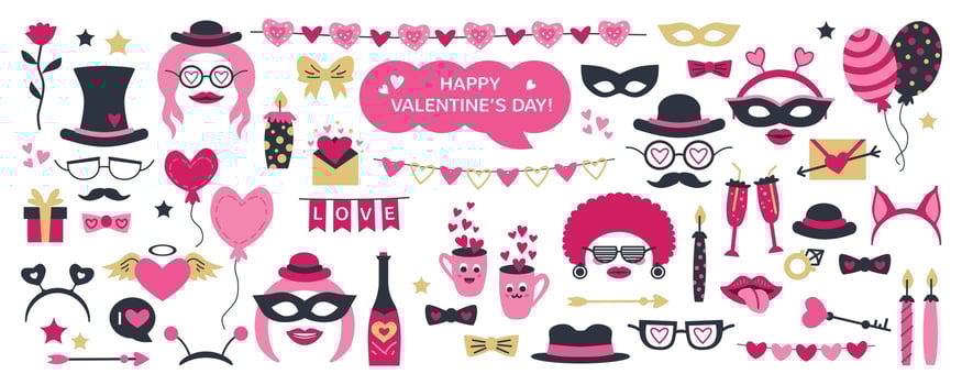Cute Valentine Day photo booth props as set of party graphic elements vector